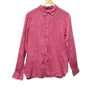 Uniqlo Womens Linen Button Down L‎ Pink Breathable Coastal Beachy Resort Travel